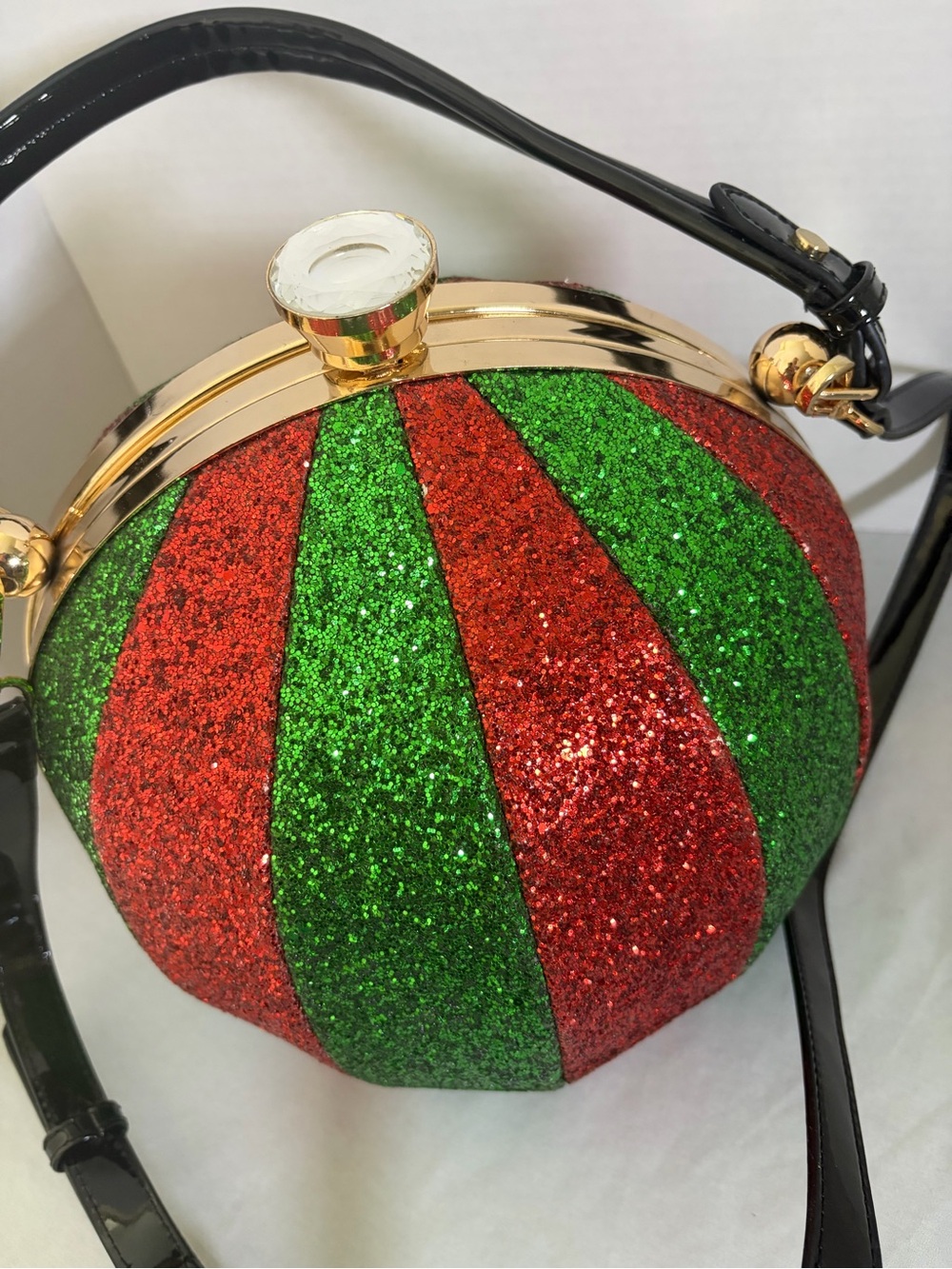 Christmas Ornament Purse Red Green Glitter Round Hard Case Crossbody Bag - Picture 5 of 13